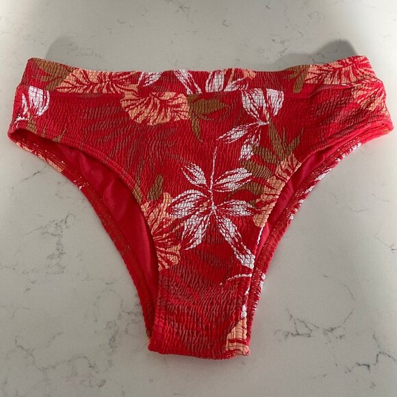 Roxy Tropical Palm Print Hi Waist Smocked Bikini Bottoms Red Wht Sz Au L US S-M - Picture 1 of 11